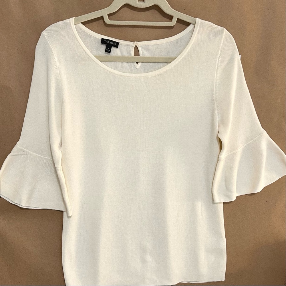 Talbots Cream Scoop Neck Ruffle Sleeve Blouse